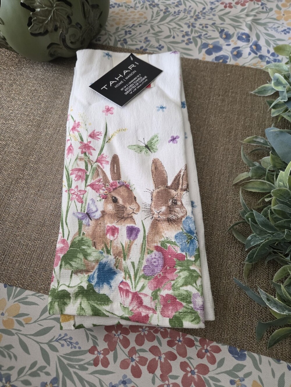 Tahari White Kitchen Towelswith Bunny and Floral Print